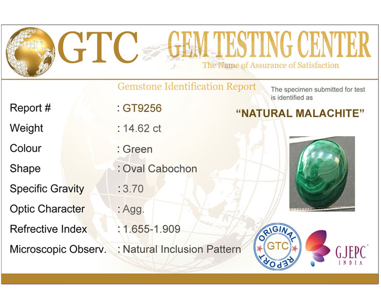 14.62 ct Natural Certified Malachite stone